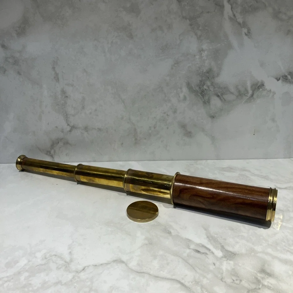 Vtg Brass Wood Grain Monocular Nautical Telescope Spyglass Sailing 3-Draw